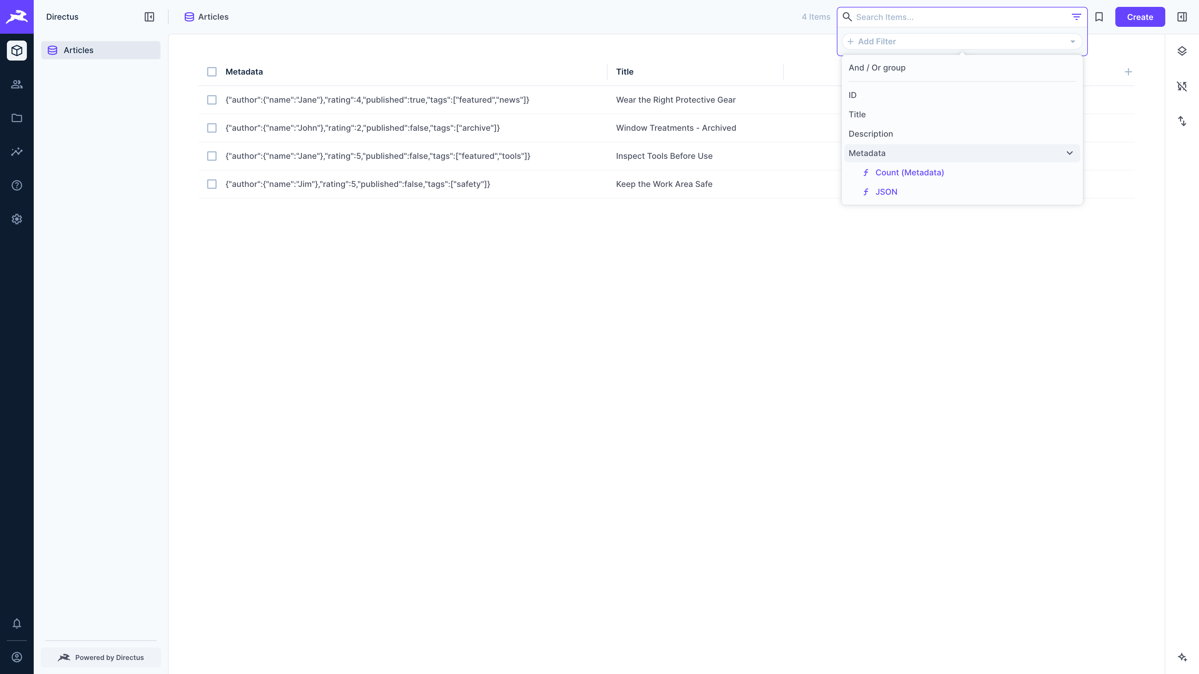 The filter popup open on a collection page, with the field list showing a JSON function entry under the Metadata field