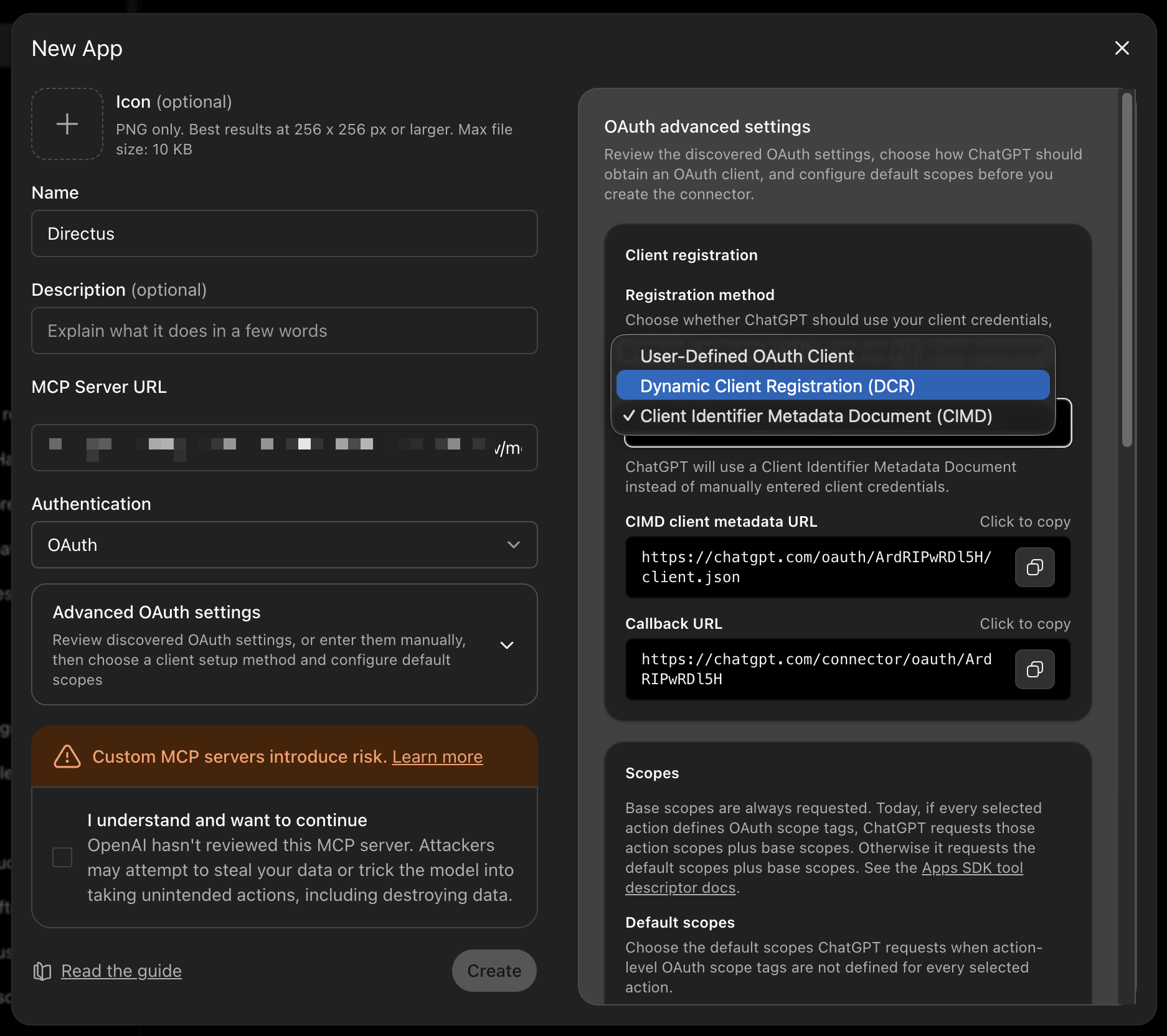 ChatGPT Advanced OAuth settings showing the registration method selector