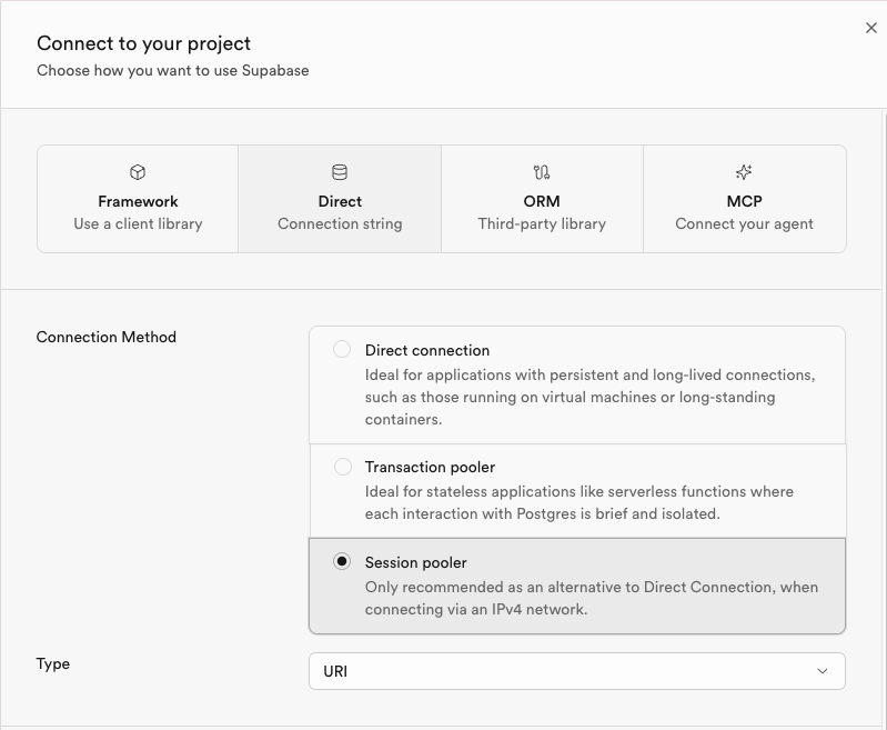 The Supabase Connect modal showing the Session pooler connection details.